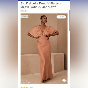 BHLDN Leila Deep-V Flutter-Sleeve Satin A-Line Gown in Tan